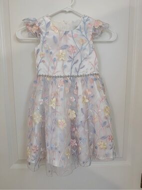 Rare Editions White Floral Embroidered Party Dress with Pastel Accents
